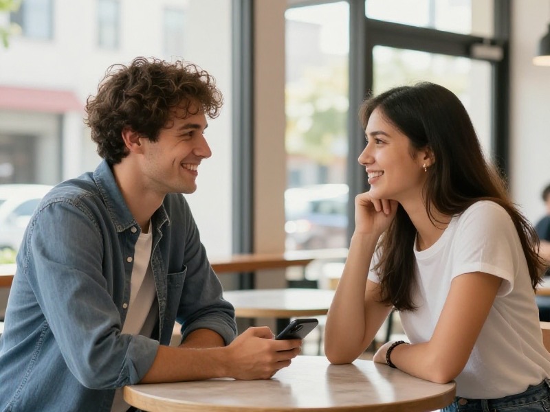 A relaxed American couple in their thirties laughing together over coffee on a sunny porch in a suburban US neighborhood, both looking genuinely comfortable in soft morning daylight.