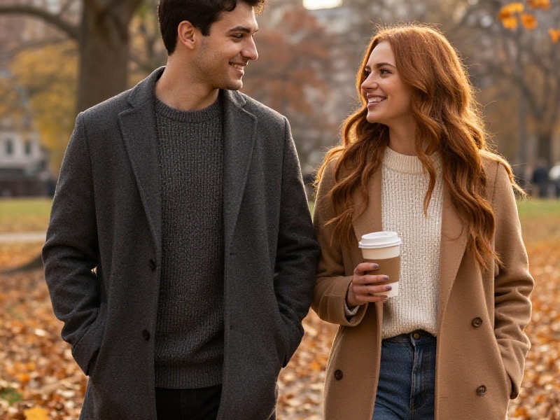 Two people in warm coats share coffee on a bench in a US city park on a bright cold winter afternoon, bare trees behind them, photo-realistic style.