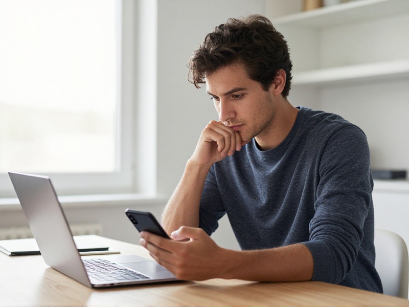 A young woman at a kitchen table in a sunlit American apartment comparing dating app subscription tiers on her smartphone with a notebook and coffee, thoughtful expression, natural daylight, weighing whether to pay for a premium plan