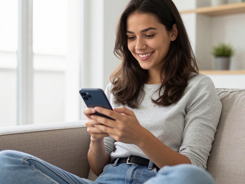 Young American woman in a bright Brooklyn apartment smiling while editing her dating profile on a smartphone, soft natural daylight