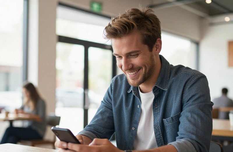 American man in his late twenties smiling at his phone on a couch in a sunlit apartment, photo-realistic candid shot