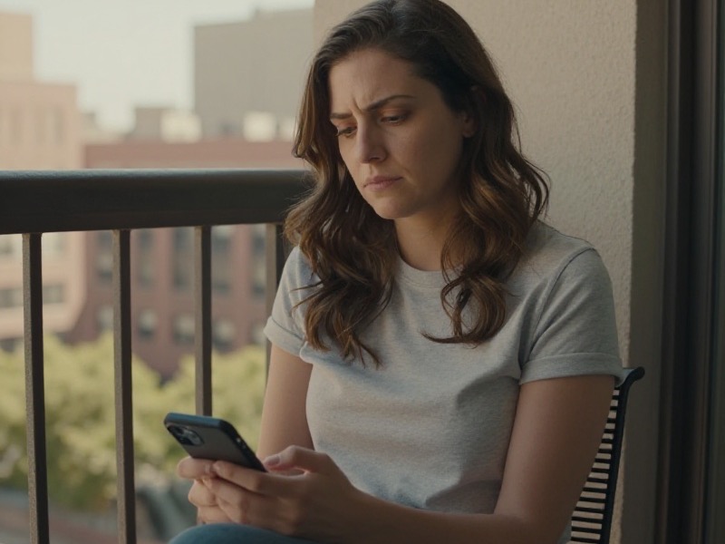 A woman in her early thirties sits at a sunlit kitchen table in an American apartment, coffee mug beside her, rereading a long message on her phone with a thoughtful, uncertain expression