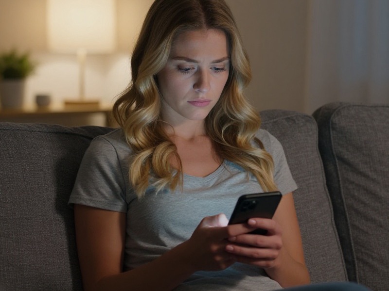 A young woman sits on a sunlit couch in a US city apartment, calmly looking at her phone showing an unanswered dating app conversation.