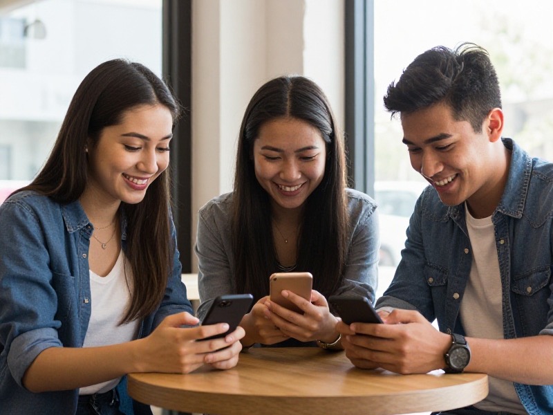 Young American woman comparing three dating apps side by side on her smartphone at a coffee shop table