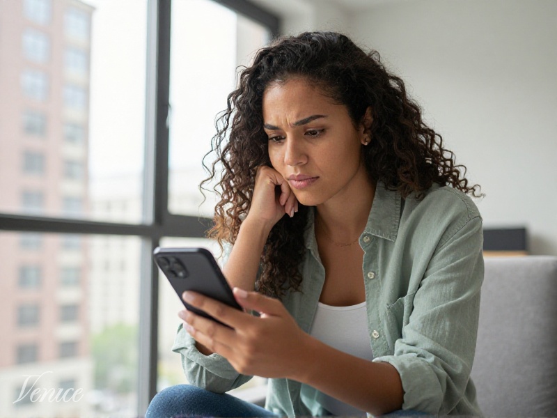 Young American woman in casual outfit examining phone screen with dating profile, slightly skeptical expression, modern urban apartment background, natural light