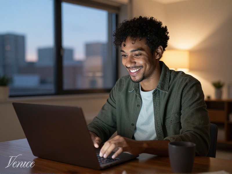 American woman in her late twenties smiling during a video call with partner abroad, cozy living room with warm afternoon light
