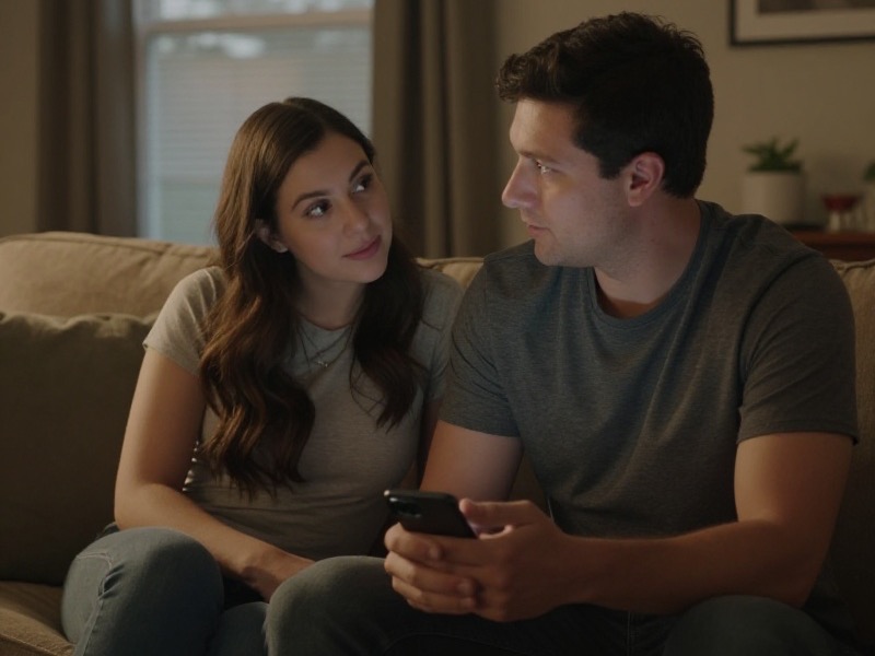 A couple in their early thirties sitting on a sofa in a warmly lit American apartment at dusk, one of them holding a phone face-down while they talk quietly