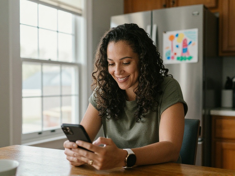 A confident single mother in her thirties smiling at her smartphone at a cozy kitchen table in a US home, a child's crayon drawing on the fridge behind her, warm natural daylight, respectful and candid.