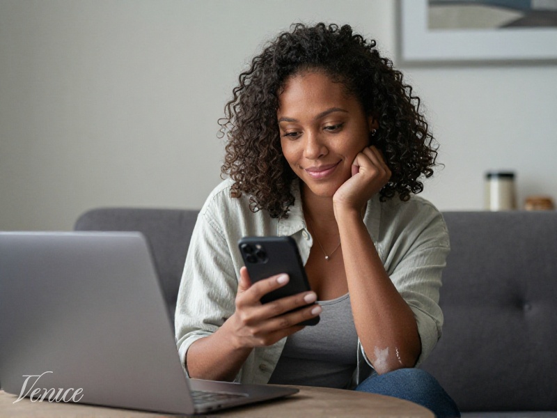 American woman 28-35 sitting at home looking at phone with thoughtful smile, soft natural light, photo-realistic