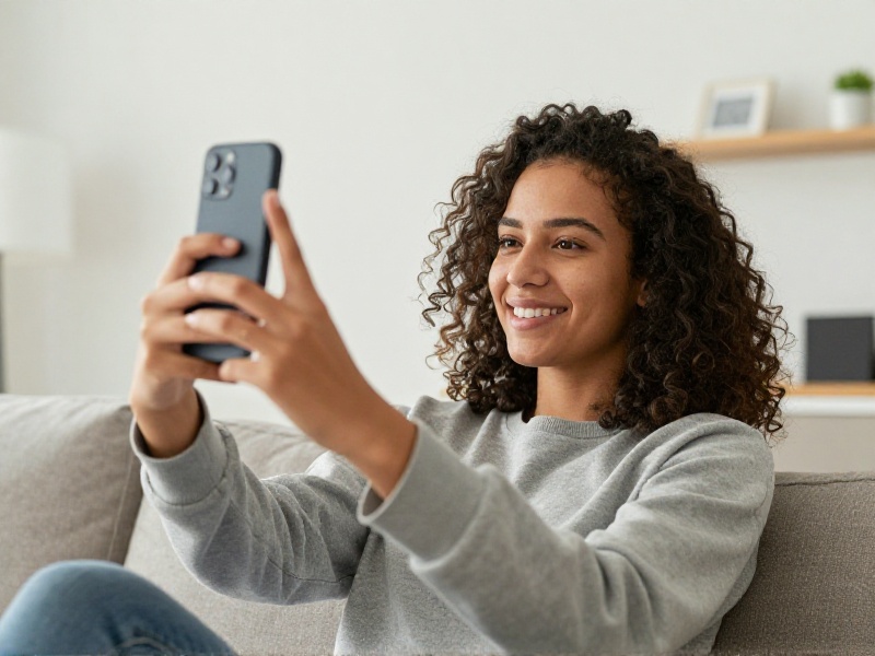 Young American woman taking a verification selfie with her smartphone in a bright living room, natural light