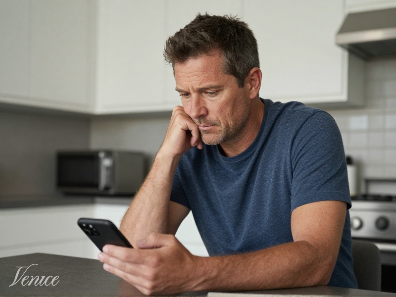A person looking cautiously at a suspicious dating message on a phone in a dimly lit room