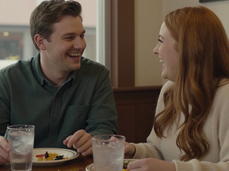 A young American couple laugh together across a table on a second date at a casual neighborhood restaurant, water glasses and shared plates in warm evening light.