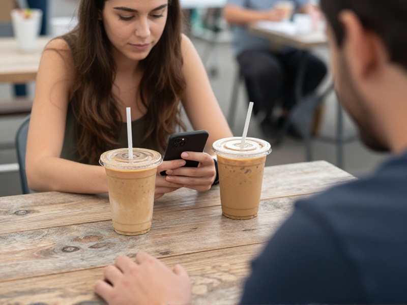 A young American couple at a sunny weekend farmers market, a woman photographing two iced coffee cups on a wooden table while her partner's hand rests just inside the frame, faces out of view, soft morning light