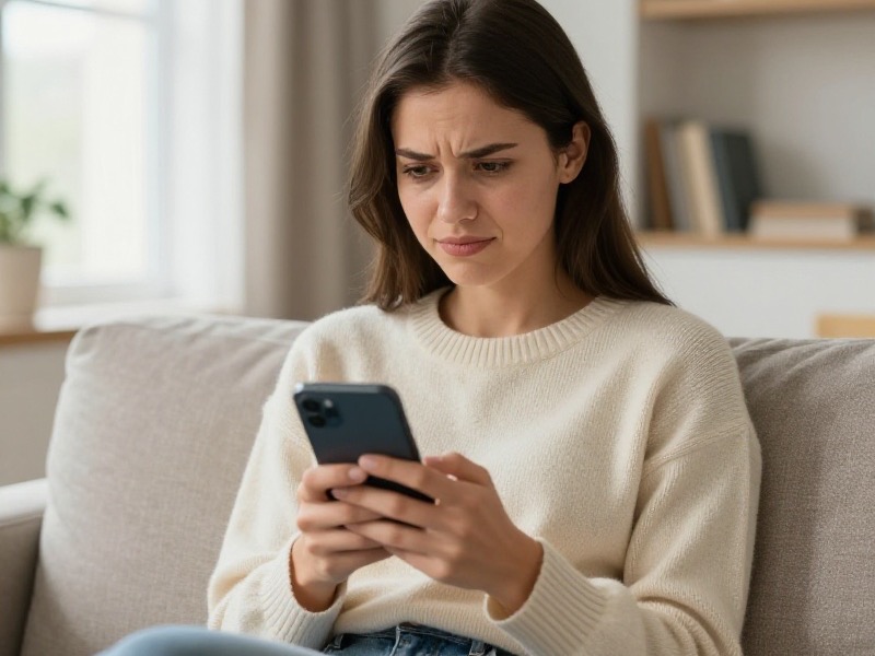 A young woman in a cream knit sweater sits on a light grey couch in a bright living room, frowning at the smartphone held in both hands with a distinctly unimpressed expression.